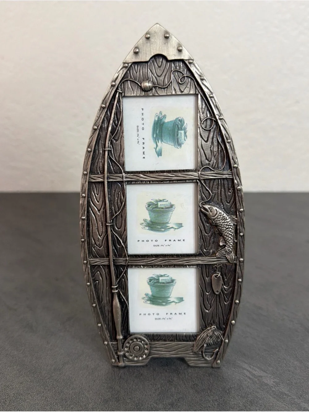Canoe Fishing Boat Pewter Picture Frame Three Mini Square Photos 1 5/8 x 1 5/8